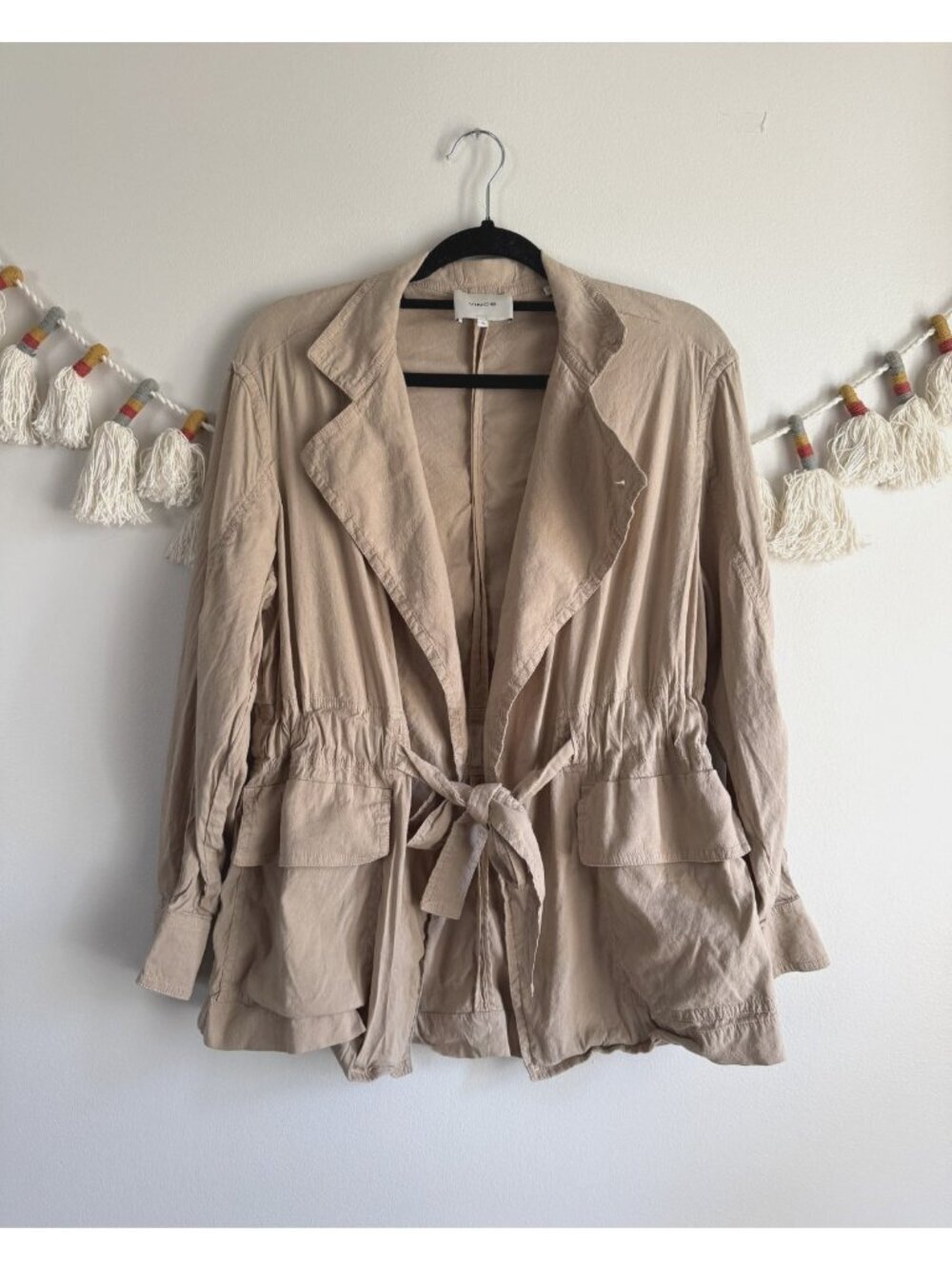 Vince $425 Drapey Oat Linen Blend Wrap Utility Jacket Neutral Minimalist Modest